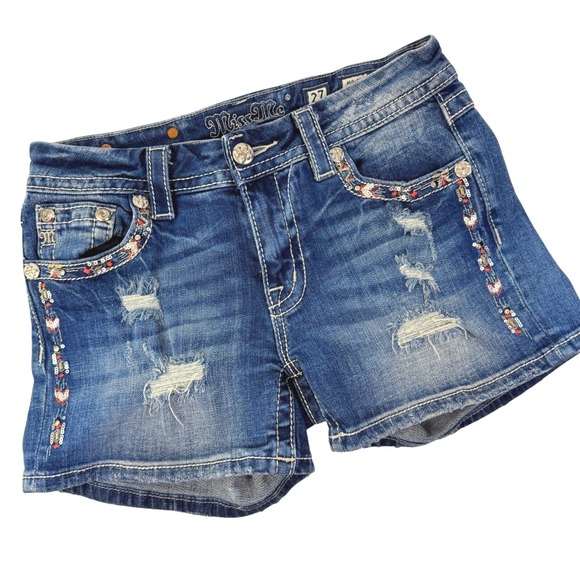 Miss Me Pants - Miss Me Jean Shorts Womens 27 Blue Excellent Distressed Sequin Curvy Mid Rise